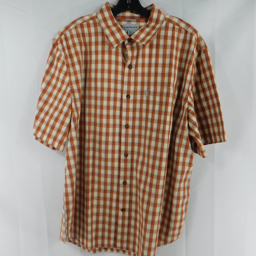 Carhartt Orange and White Plaid Casual Button Down Shirt